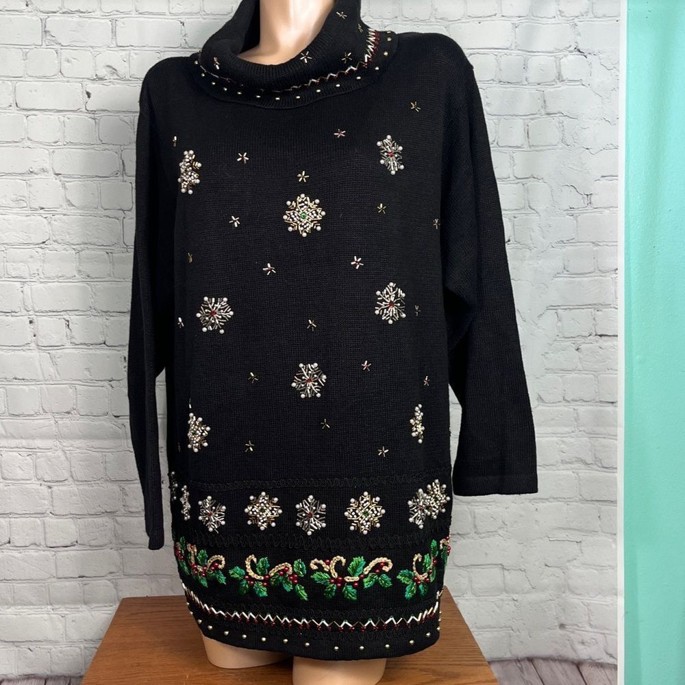 Victoria Jones Womens Sweater Christmas 1X Snow Flake Black Holiday Beaded long